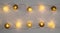 Festive included garland on gray background flat lay top view. Cotton Balls Garland. Round bulbs LED festoon electric garland.