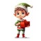 Festive Joy: Cartoon Christmas Elf Boy with a Gift, Isolated on White. Generative ai