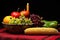 festive kwanzaa with fruits and corn on a splint basket