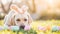 Festive labrador pupy: easter bunny ears and vibrant eggs adorn the green meadow, copy space