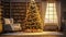 Festive living room with armchair, bookshelves, gifts, burning candles and decorated Christmas pine tree.