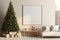 Festive living room setting with a Christmas interior mockup on a cream wall