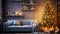 Festive living room with sofa with cushions, bookshelves, gift boxes, burning candles and decorated Christmas pine tree.