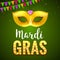 Festive mardi gras background greeting card. Carnival holiday celebration with mask decoration