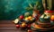 Festive Mexican culinary setup with vibrant ceramic dishes, traditional decorations, cactus, and bright colors celebrating