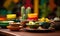 Festive Mexican culinary setup with vibrant ceramic dishes, traditional decorations, cactus, and bright colors celebrating