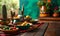 Festive Mexican culinary setup with vibrant ceramic dishes, traditional decorations, cactus, and bright colors celebrating