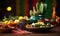 Festive Mexican culinary setup with vibrant ceramic dishes, traditional decorations, cactus, and bright colors celebrating