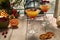 Festive Mimosa cocktails garnished with spiced dried oranges and cranberries.