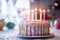 Festive multi colored cake with candles. Generative AI technology