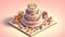 Festive Multi-Tiered Birthday Cake in Isometric View. Created with Generative AI