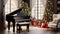 A festive music room with a grand piano adorned with garlands