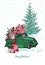 Festive New Year 2018 card. Green truck with fir tree decorated red balls White snowy seamless background