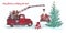 Festive New Year 2018 card. Red truck crane with fir tree decorated red balls