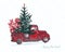 Festive New Year 2018 card. Red truck with fir tree decorated red balls