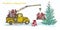 Festive New Year 2018 card. Yellow truck crane with fir tree decorated red balls