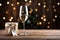 A festive New Year arrangement with champagne flutes on a rustic wooden table, surrounded by twinkling lights, bringing