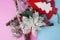 Festive New Year Christmas happy blue and pink beautiful joyful background with thinking small wooden and metal toy homemade tree