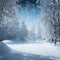 Festive New Years backdrop, snow kissed trees in serene winter setting