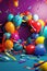 Festive panorama party with colorful balloons, confetti and coiled streamers AI generated