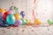 Festive panorama party with colorful balloons, confetti and coiled streamers AI generated