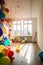 Festive panorama party with colorful balloons, confetti and coiled streamers AI generated