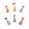 Festive party caps for your birthday. Set of vector illustrations with .cones. Cute hats with buboes. Isolated on a