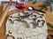 Festive pastry christmas background. Home cooking. Making Christmas animal cookies and cookie cutters on a kitchen board among fir