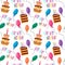 Festive pattern with letters - hip hip hooray, cake, candles and balloons. Vector illustration.