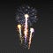 Festive patterned firework bursting in various shapes sparkling pictograms set against black background abstract