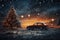 festive picture of car and christmas tree on snowy background
