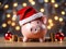 Festive Piggy Bank: Santa Hat and Coins on Table with Christmas Lights Background.