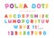 Festive polka dots font. Colorful ABC letters and numbers. Funny alphabet for kids. Isolated on white.