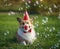 Festive portrait of a Corgi puppy in a red cap and a funny clown nose in soapy shiny bubbles sitting on the green grass and