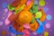 Festive poster balloons orange Confetti carnival background ultraviolet.