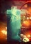 Festive present in blue box with ribbon over Christmas background