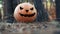 Festive pumpkin on Halloween stands in a coniferous forest.