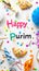 Festive Purim background, Purim attributes, triangular pies, Haman ears, traditional hamantaschen cookies. Postcard on a