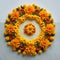 Festive radiance yellow and orange marigold rangoli with white background