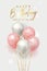 Festive realistic balloons with random flying gold sparkles and glitter confetti. 3d vector illustration