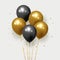 Festive realistic Black and Gold balloons with random flying glitter confetti. 3d vector illustration