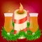 Festive red bright background. Beautiful candle. Branches of trees. Preparing for Christmas. Romantic evening.