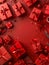 Festive Red Christmas Background with Assorted Gift Boxes, Ornaments, and Decorations in Holiday Arrangement