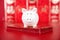 Festive red and red envelope piggy bank.The Chinese characters in the picture mean `happiness`