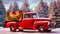 Festive Red Truck with Christmas Decorations Parked on a Deserted Snowy Road.Generative AI