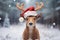 A festive reindeer wearing a Christmas santa hat stood in a snowy forest