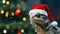 Festive Reptilian Charm: Lizard in Christmas Hat Amid Falling Snow