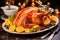 Festive roast turkey with sauce for Thanksgiving or Christmas. Generative AI