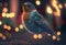 Festive robin bird covered in glowing lights in a winter scene. Generative Ai.