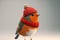 A festive robin wrapped up in a knitted hat and scarf. Generative ai